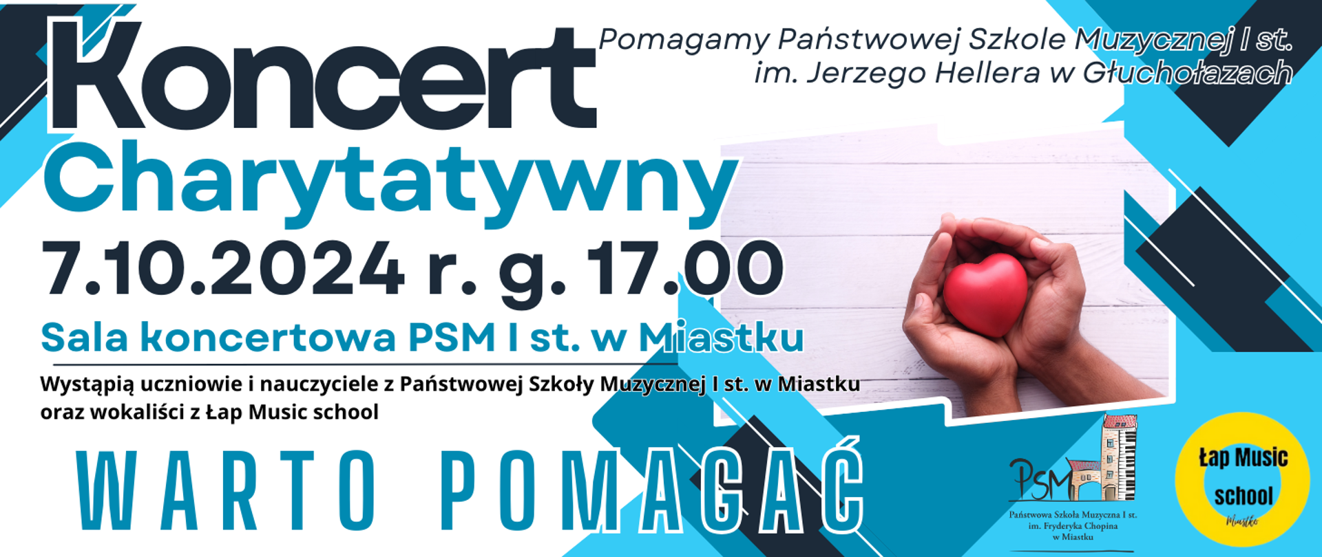 Grafika informująca o koncercie charytatywnym uczniów, nauczycieli naszej szkoły oraz wokalistów z Łap Music school - Pomagamy PSM I st im. J. Hellera w Głuchołazach.
Koncert odbędzie się 7.10.2024 r., o godzinie 17:00 w sali koncertowej naszej szkoły.