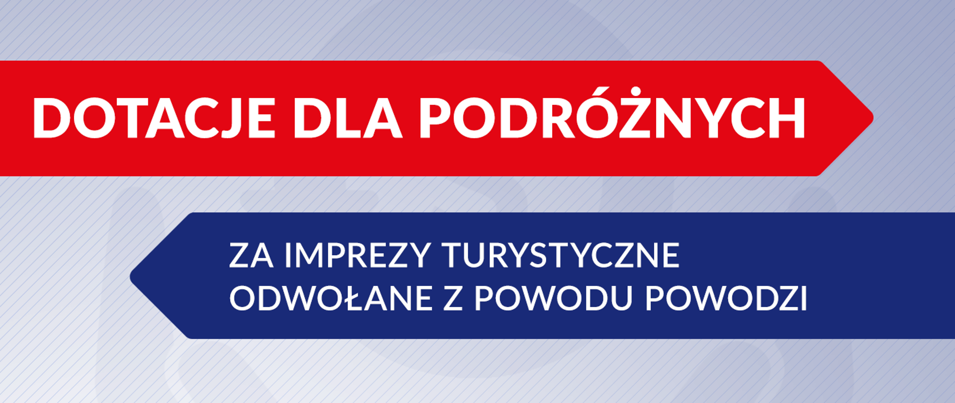 Grafika. Na jasnym tle od góry: na czerwonym pasku biały napis wielkimi literami: "DOTACJE DLA PODRÓŻNYCH", pod nim na granatowym pasku biały napis wielkimi literami: "ZA IMPREZY TURYSTYCZNE ODWOŁANE Z POWODU POWODZI".