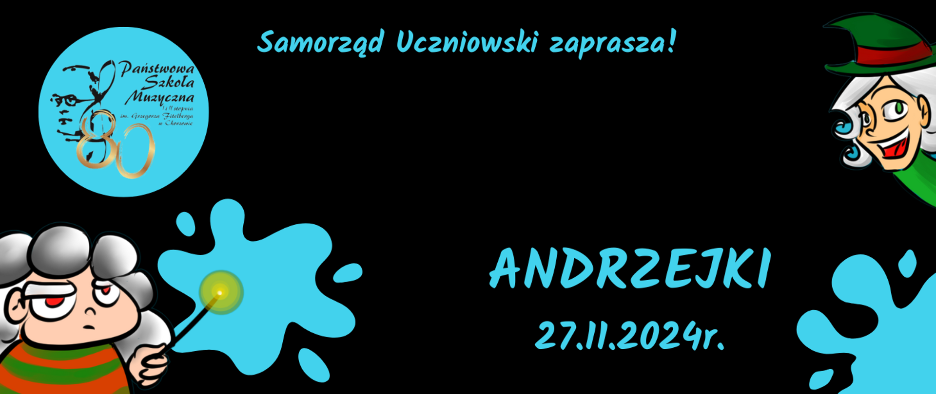 logo szkoły napis Samorząd uczniowski zapraszana Andrzejki 27.11.2024