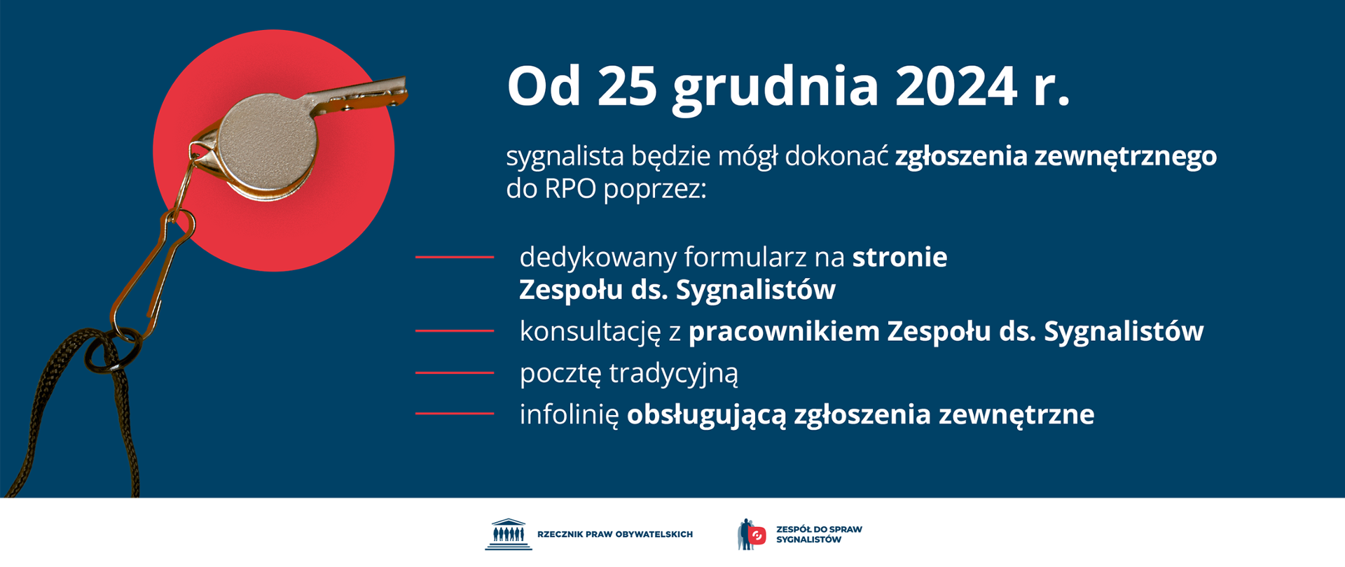 Plansza z tekstem "Od 25 grudnia 2024 r. sygnalista będzie mógł dokonać zgłoszenia wewnętrznego do RPO poprzez: dedykowany formularz na stronie Zespołu ds. Sygnalistów, konsultację z pracownikiem Zespołu ds. Sygnalistów, pocztę tradycyjną, infolinię obsługującą zgłoszenia zewnętrzne"