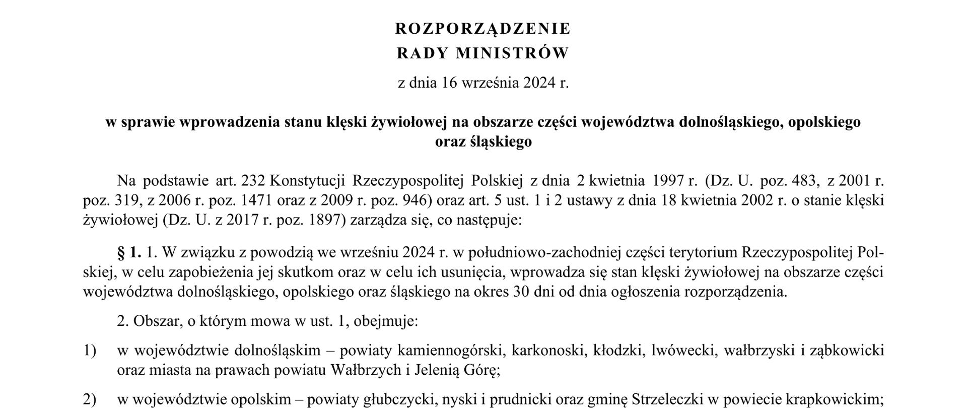 Rozporządzenie Rady Ministrów z dnia 16 września 2024r. w sprawie wprowadzenia stanu klęski żywiołowej