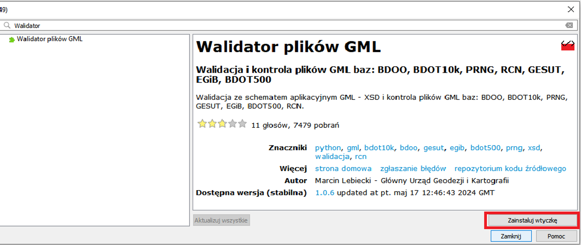 Ilustracja przedstawia sposób instalacji wtyczki Walidator plików GML w oprogramowaniu QGIS