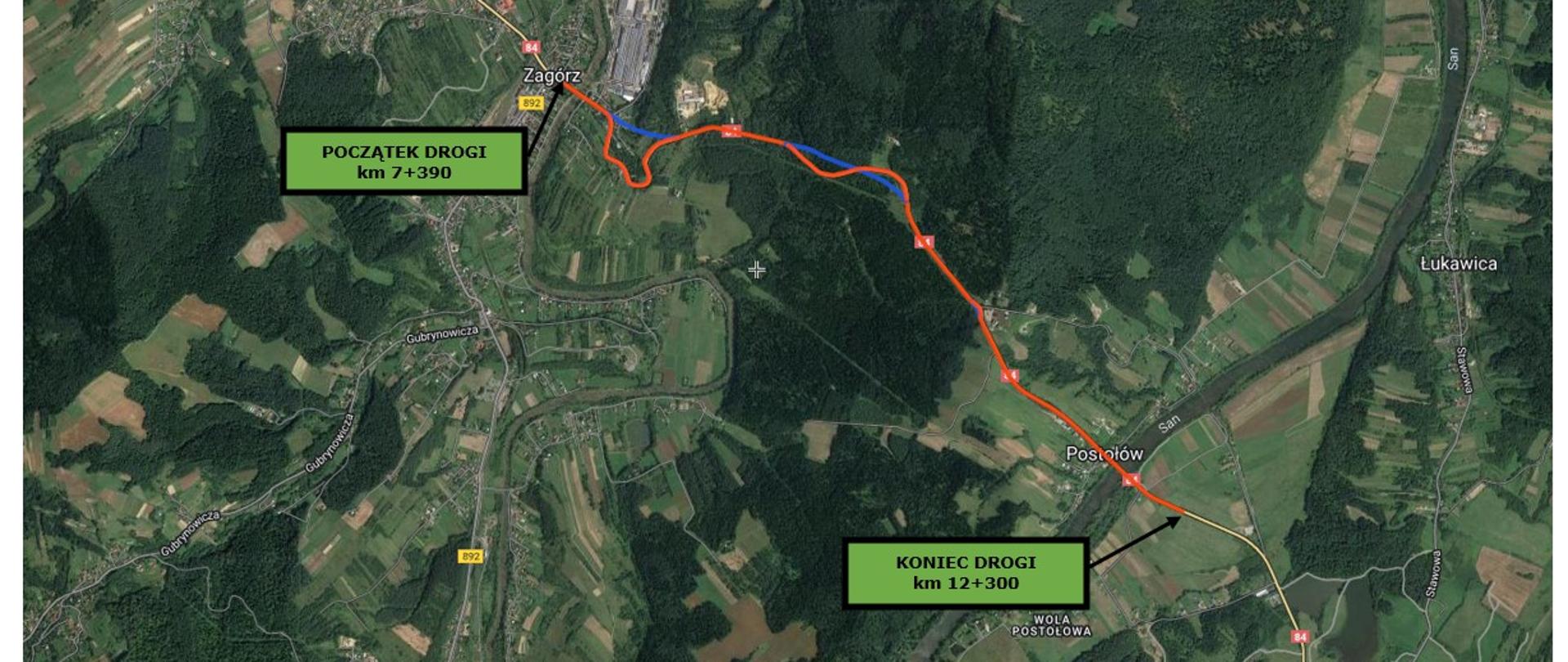 Mapa przedstawiająca przebieg planowanej rozbudowy DK84 między miejscowościami Zagórz i Lesko