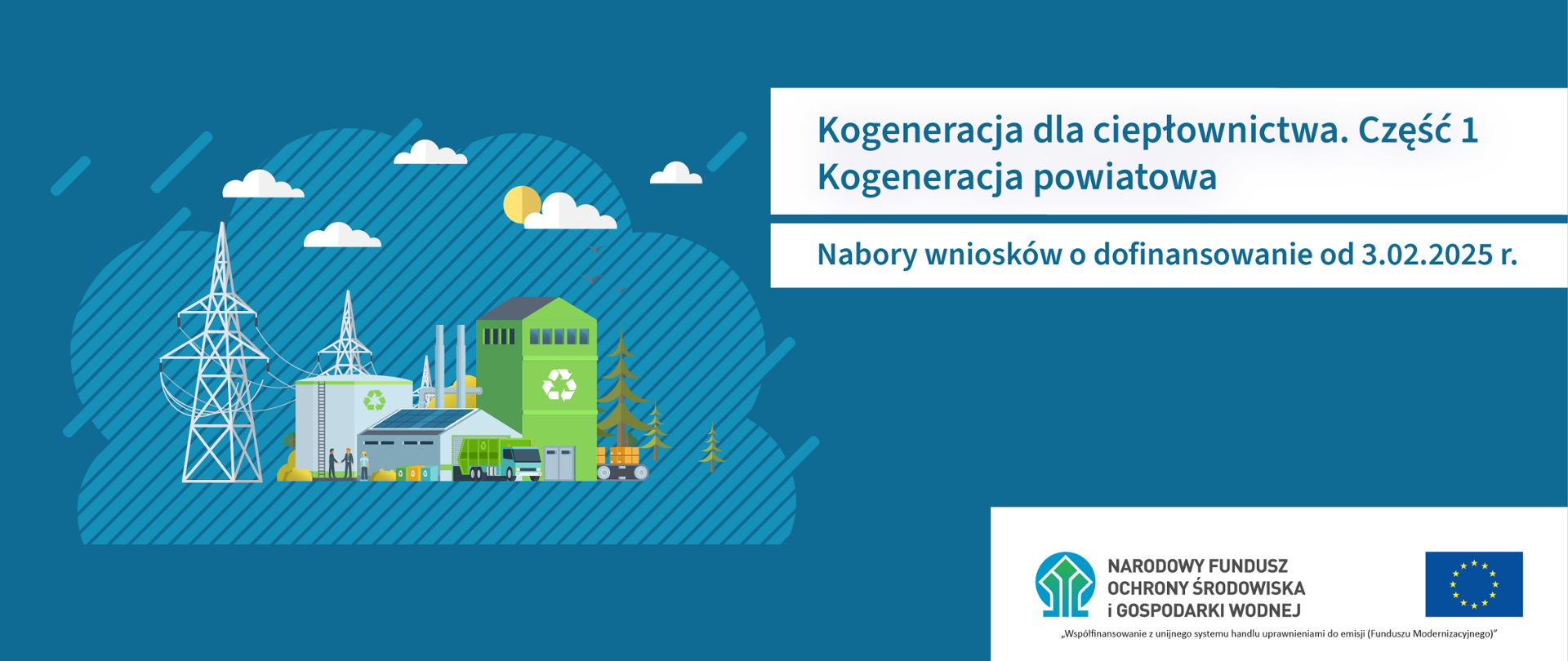 Grafika do naborów Kogeneracja dla ciepłownictwa i Kogeneracja powiatowa. Ilustracja przedstawia zakład przemysłowy wytwarzający energię z OZE, paliw gazowych i ciepła odpadowego. 