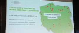 Konferencja prasowa dotycząca nowych planowanych rezerwatów. W głębi sali znajduje się slajd z lokalizacjami nowych rezerwatów.