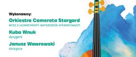 Kolorowy plakat informujący o koncercie grudniowym w wykonaniu Orkiestry Camerata Stargard wraz z uczestnikami warsztatów orkiestrowych