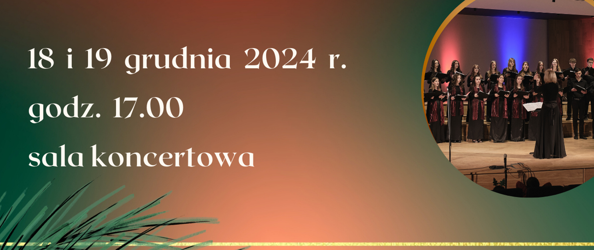 Plakat utrzymany jest w ciepłych świątecznych kolorach – czerwonym i zielonym, z delikatnym gradientem. W tle widoczne są świąteczne elementy, takie jak bombki ozdobione zdjęciami z występów chóru, orkiestry i zespołów. Całość uzupełniają drobne śnieżynki oraz gałązki choinki, nadając plakatowi uroczysty charakter.