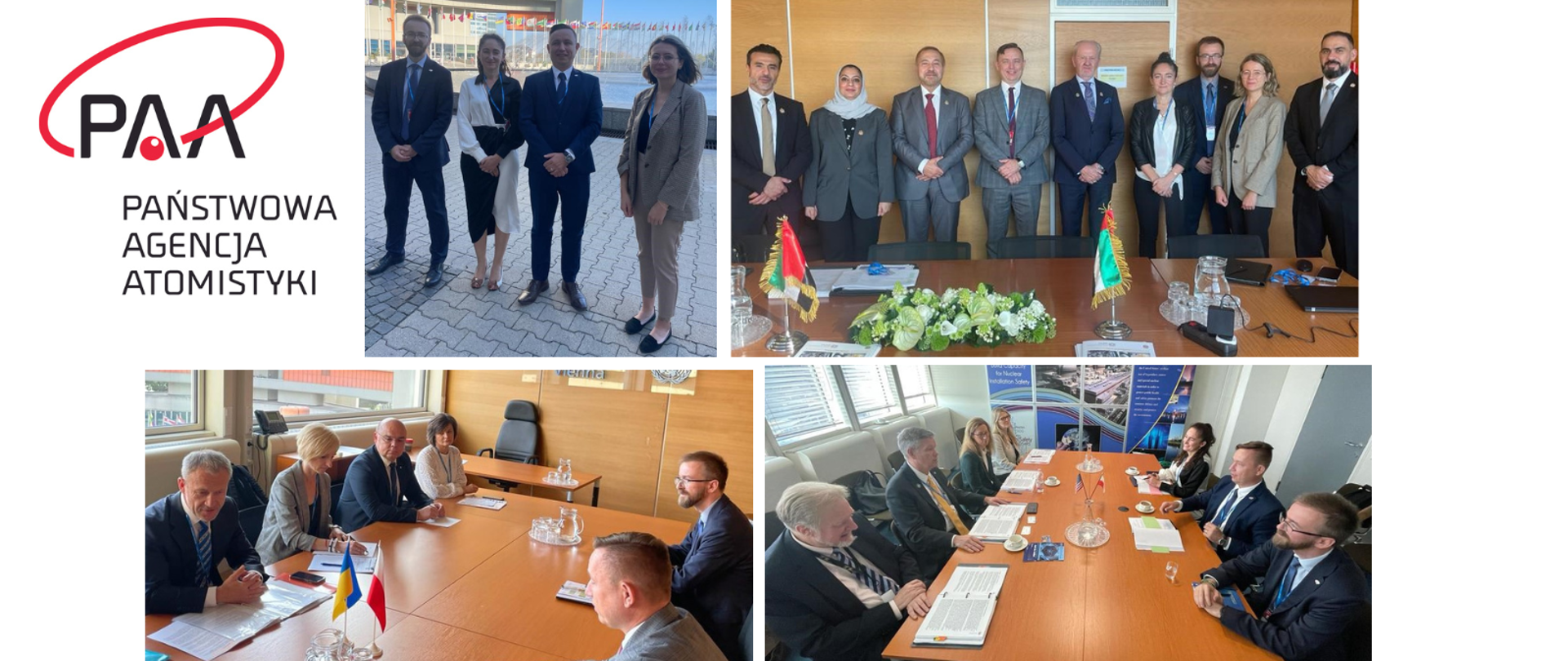 Collage of photos from meetings of the PAA delegation with foreign nuclear regulators during the 67th General Conference of the International Atomic Energy Agency