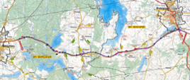 Mapa, kolorem żółtym oznaczone gm. Biskupiec na mapie niebieskim kolorem oznaczono przebieg drogi S16 z Barczewa do Biskupca.