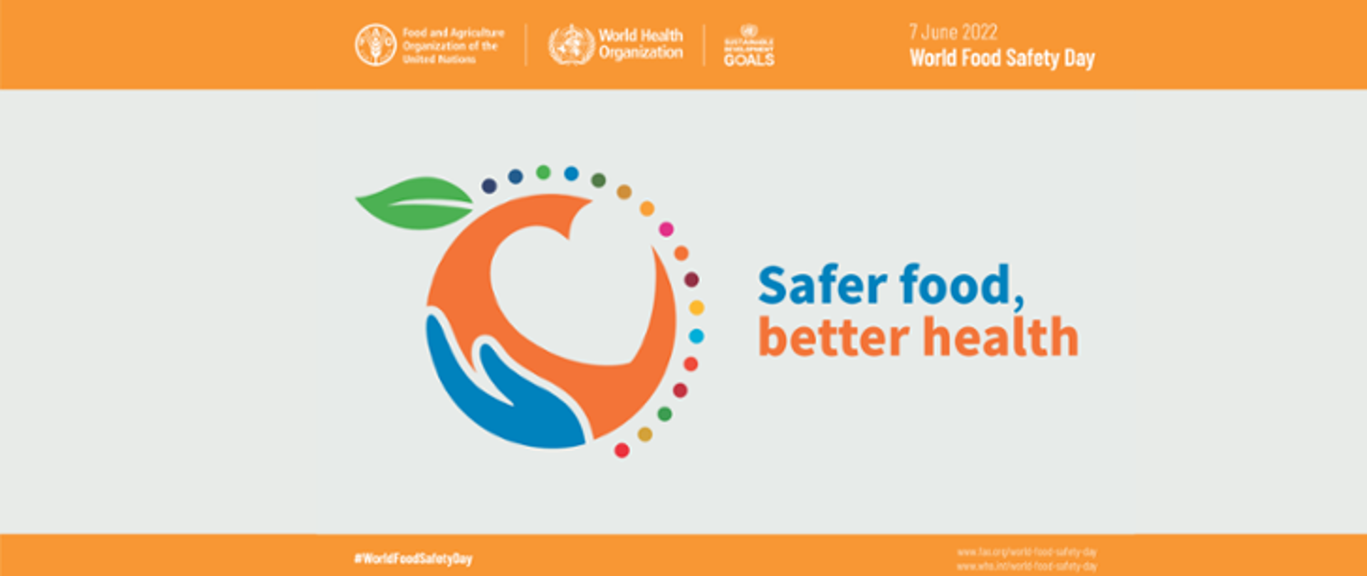 Grafika przedstawie symboliczne zdjęcie owoca wraz z sercem, obok którego znajduje się napis: Safer food, better health. Na górze grafiki widnieje logo WHO wraz z datą Światowego Dnia Bezpieczeństwa Żywności.