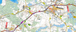 Mapa na mapie kolorem niebieskim oznaczona droga S16 na trasie Olsztyn Wchód o Barczewo.
