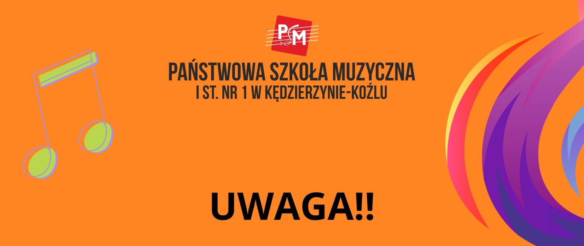 Plakat informuje o dwóch ważnych datach w Państwowej Szkole Muzycznej I stopnia w Kędzierzynie-Koźlu. W dniu 14 października, szkoła będzie zamknięta, natomiast 17 października szkoła będzie czynna do godziny 17:30. Na plakacie wykorzystano jaskrawe, kolorowe elementy graficzne, które przyciągają uwagę.