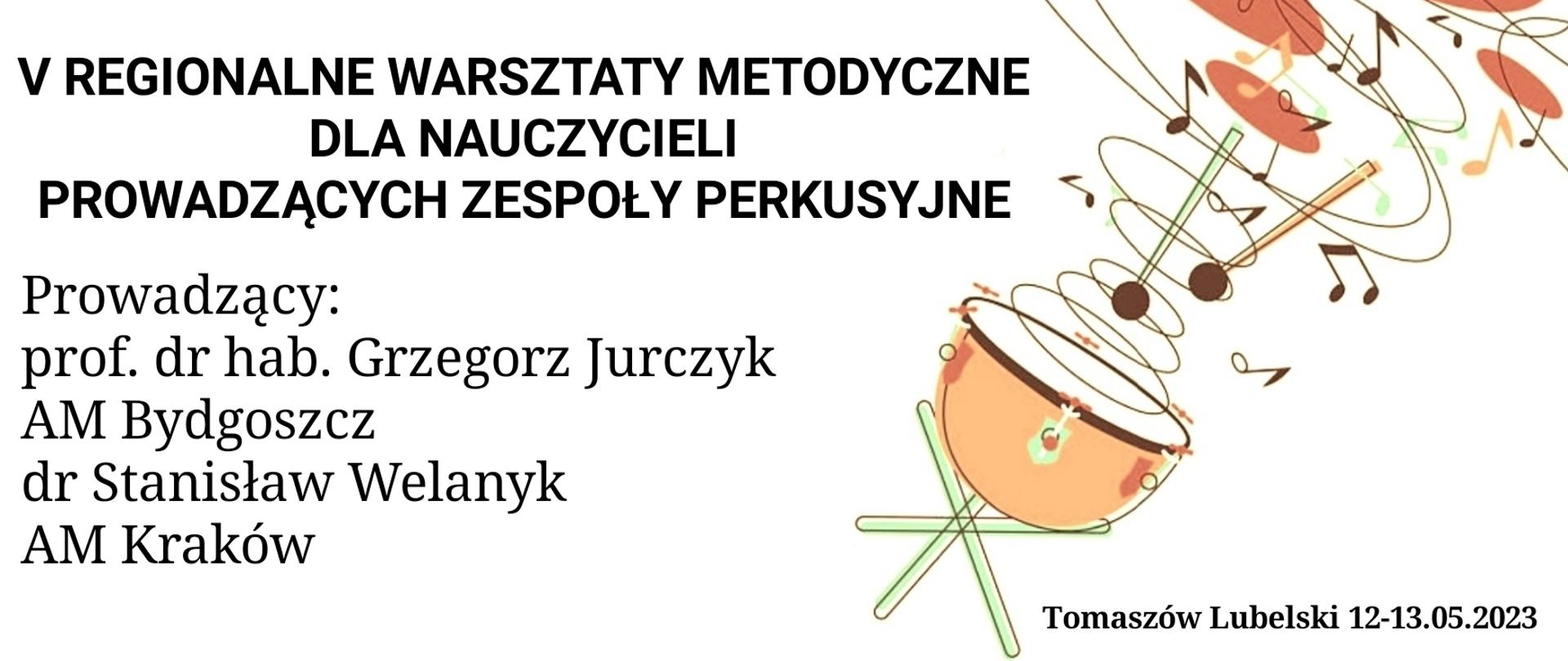 plakat na białym tle zawiera od góry logo z nazwą szkoły, poniżej informacje o warsztatach, nazwiska wykładowców, z prawej strony instrument perkusyjny z nutkami unoszącymi się do góry