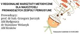 plakat na białym tle zawiera od góry informacje o konkursie, nazwiska prowadzących, z prawej strony instrument perkusyjny z nutkami unoszącymi się do góry