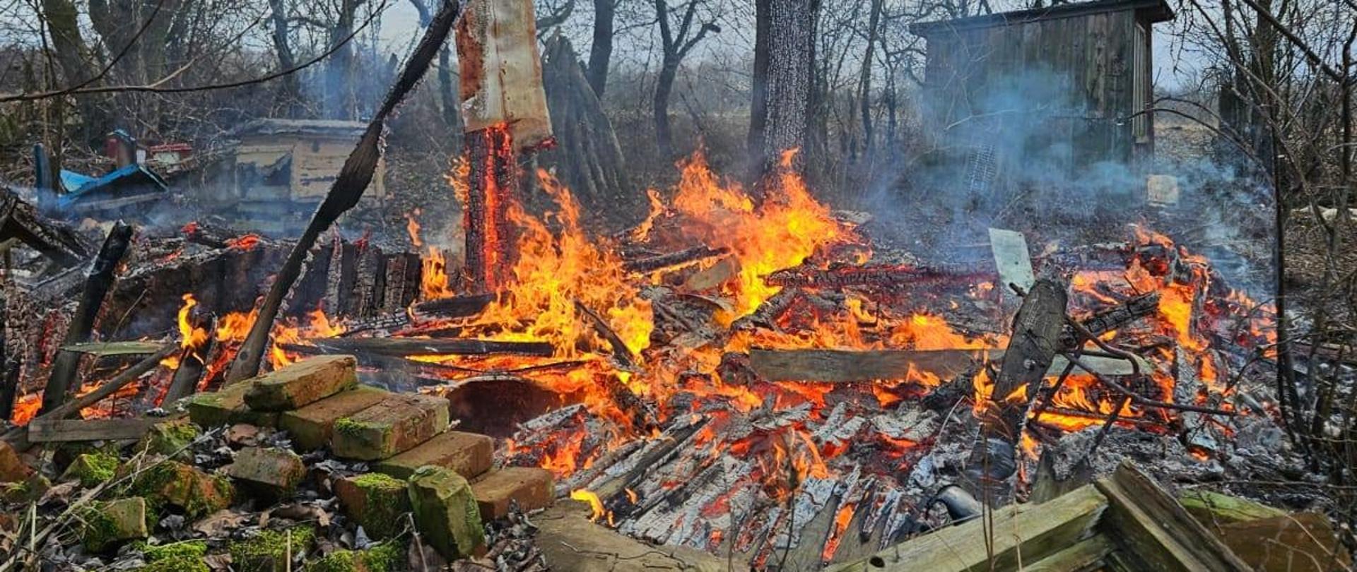 Płoną drewniane elementy altany. W tle drzewa.