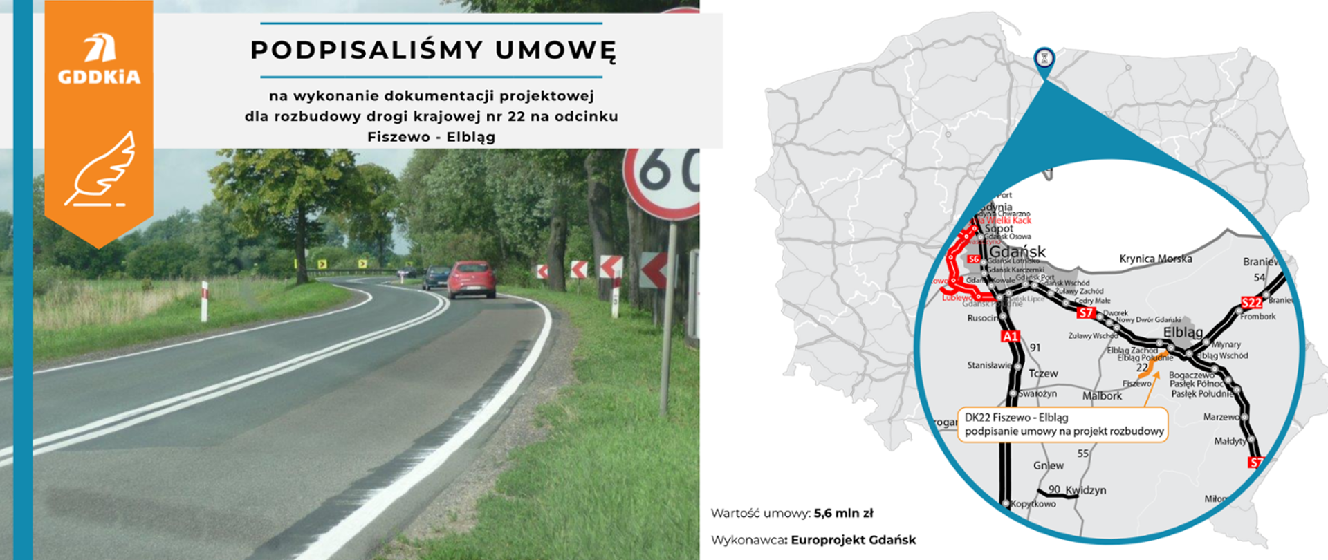 Infografika dot. podpisania umowy na wykonanie dokumentacji dla rozbudowy DK22 Fiszewo - Elbląg