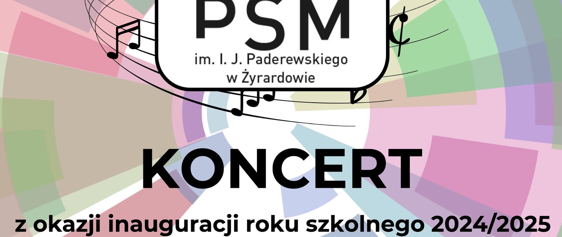 Plakat duże logo PSM Żyrardów po środku , w koło motywy kolorowe w formie kół, czarne napisy