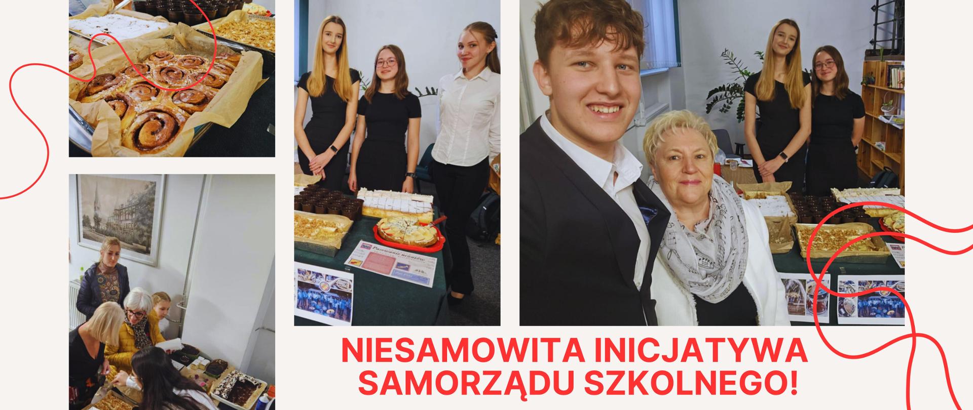 Plakat, na który składają się zdjęcia kawiarni zorganizowanej przez Samorząd Uczniowski. W górnym prawym rogu na zdjęciu znajdują się ciasta i cynamonki ułożone na stole, produkty sprzedawane przez samorząd. Na środkowym zdjęciu przy stole ze smakołykami stoją trzy dziewczyny w wieku nastoletnim. Od lewej blondynka o długich włosach w czarnej sukience, obok niej dziewczyna z ciemnymi włosami w czarnej sukience i czerwonych okularach, a następnie uśmiechnięta blondynka w białej koszuli i czarnych spodniach. Na trzecim zdjęciu na pierwszy plan wysuwa się chłopak w nastoletnim wieku w garniturze i kręconych włosach obejmujący Panią pracującą w administracji szkoły. Kobieta ma krótkie blond włosy, białą marynarkę i szal we wzór nut. Za nimi znajduje się stół z ciastami, przy którym pozują uśmiechnięte dziewczyny z poprzedniego zdjęcia. Zdjęcie najniżej plakatu wykonane jest z góry przez co widać jak klienci pochylają się nad ciastami i kupują smakołyki. W centralnej części plakatu znajduje się informacje wyróżniona czerwoną czcionką "Niesamowita inicjatywa Samorządu Szkolnego". Plakat przyozdobiony jest czerwonymi liniami o różnych kształtach.