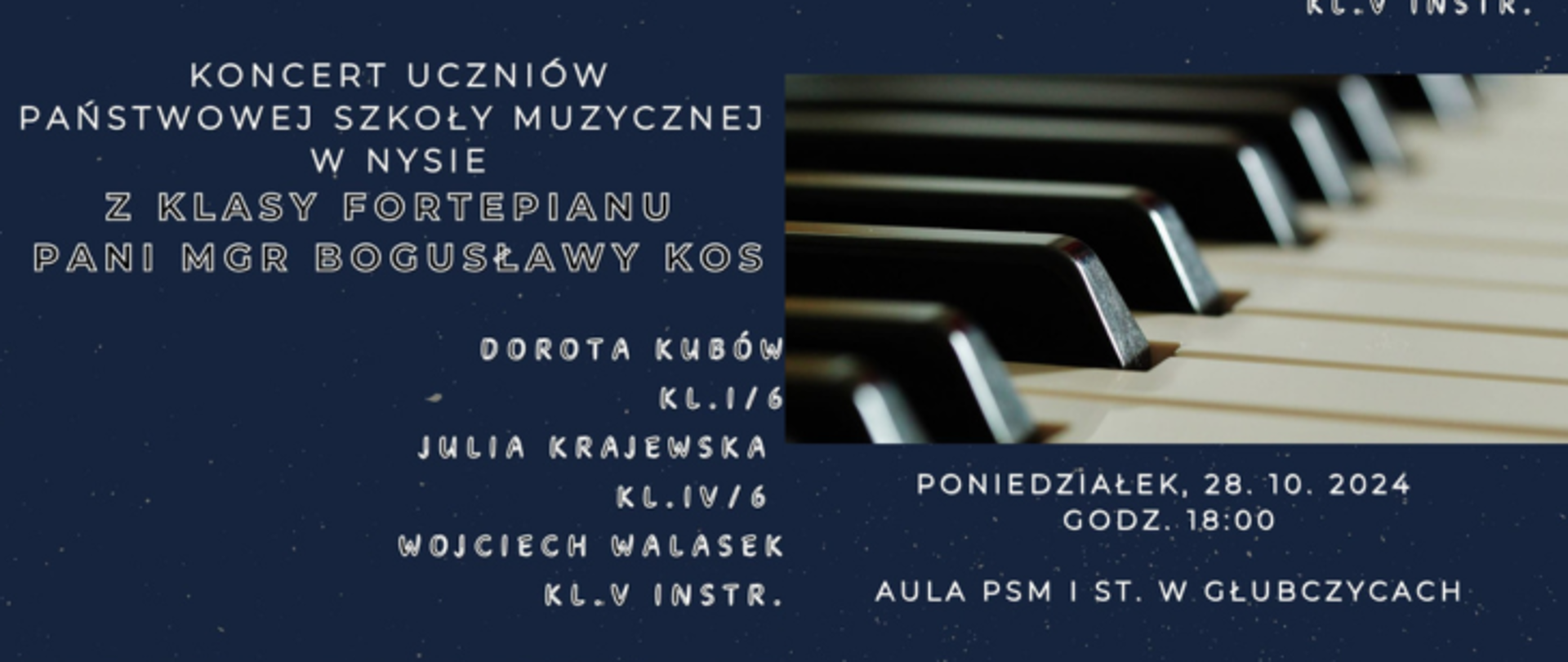 Koncert uczniów z PSM w Nysie - 28 października 2024 r. godzina 18:00 aula PSM