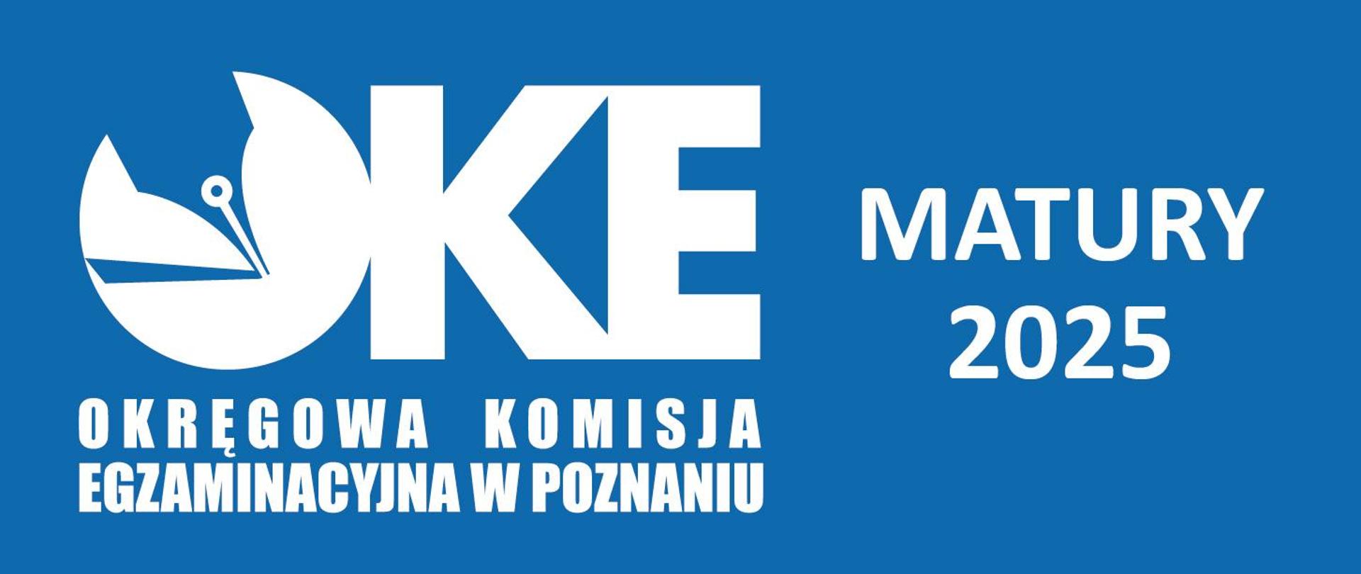 Grafika przestawia białe logo OKE oraz z prawej strony biały napis Matura 2025 na niebieskim tle.