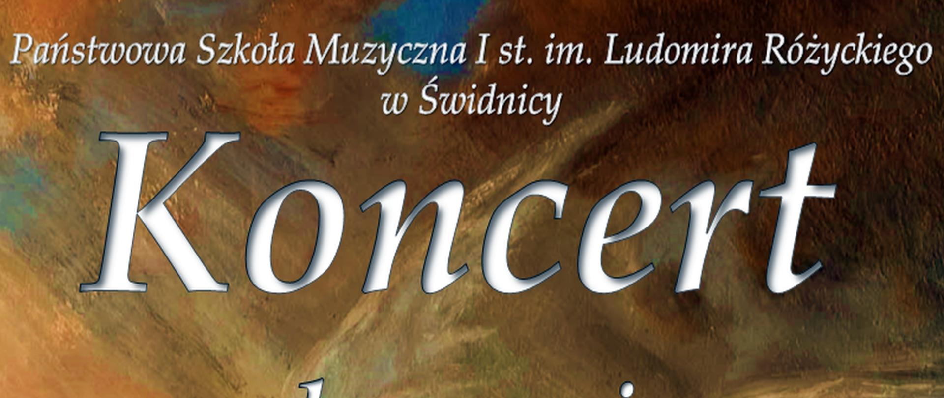 Plakat przedstawia akwarelę św. Cecylii grającej na organach. Na środku biały napis starodawną czcionką: " Koncert ku czci św. Cecylii. poniżej wykonawcy i data i mejsce koncertu: "21 listopada 2024r. godz. 19:00 Katedra Świdnicka". 