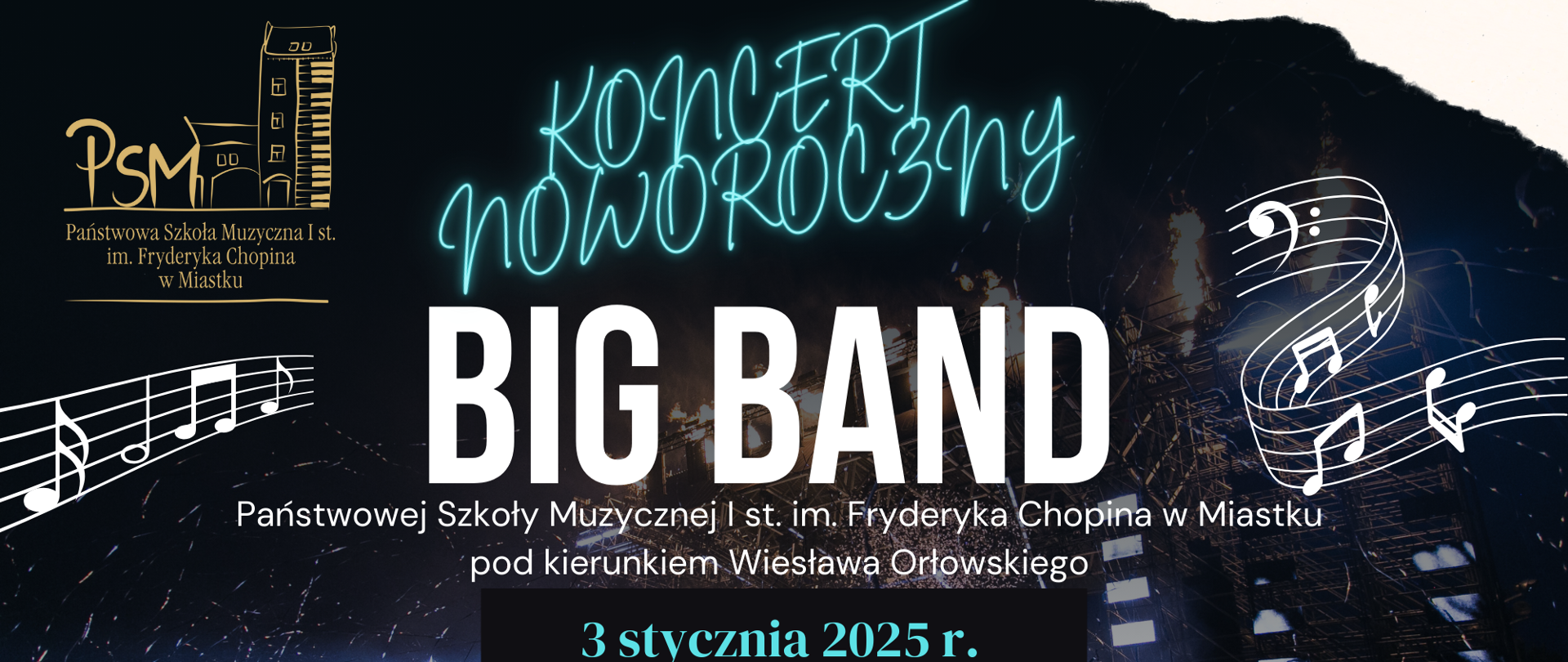 Grafika informująca o koncercie Big bandu szkolnego w dniu 3 styczna 2025 r. 