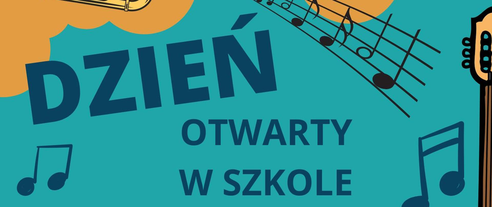 Plakat oznajmiający o Dniu otwartym" u góry po prawej logo szkoły. Na środku tekst:: Dzień otwarty w szkole muzycznej", 16:00-18:00 - możliwość obserwacji lekcji i konsultacji z nauczycielami, 17:00 - badanie uzdolnień bez tajemnic, 5 maja 2023