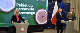 Minister klimatu i środowiska Paulina Hennig-Kloska oraz wiceminister Mikołaj Dorożała podczas konferencji prasowej.