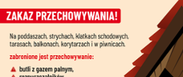 Infografika "Zakaz przechowywania" wyszczególnione materiały, których nie można przechowywać na poddaszach, strychach, klatkach schodowych, balkonach, korytarzach i w piwnicach