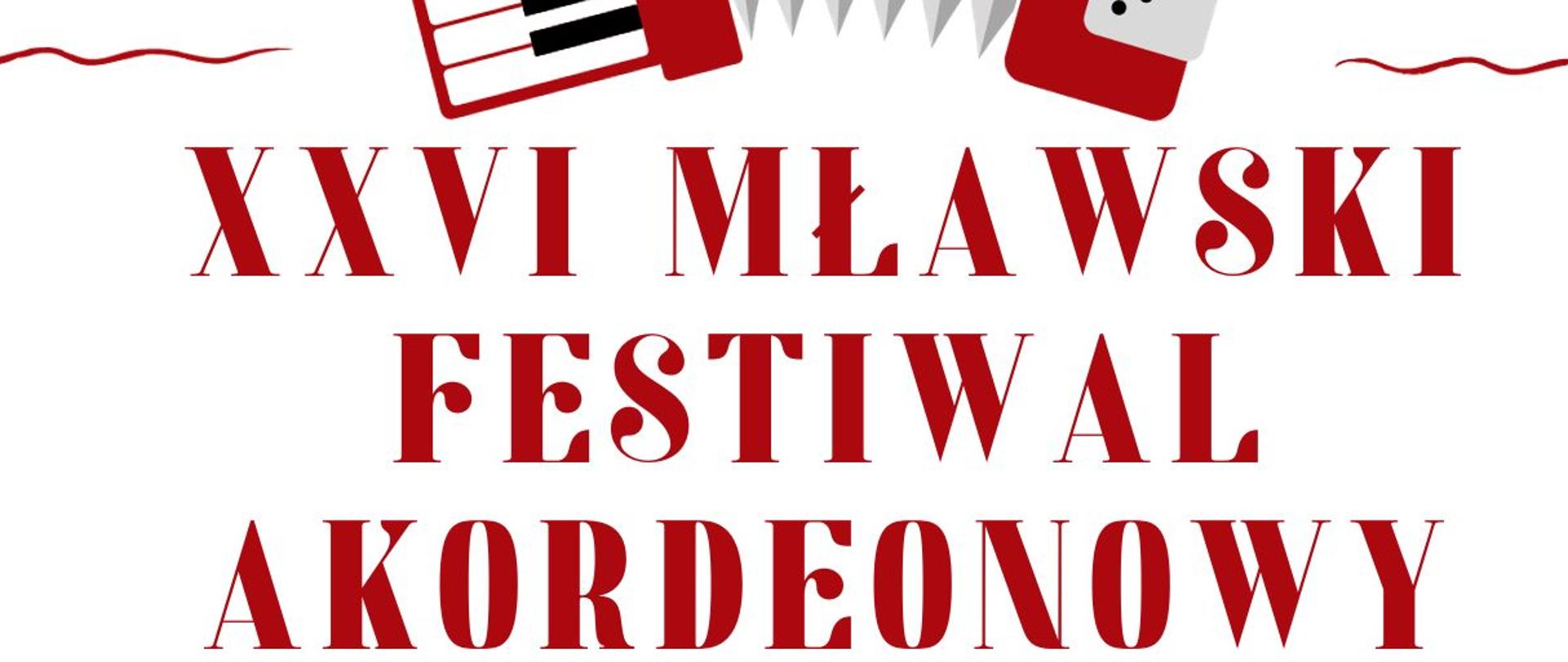 Plakat na białym tle informujący o wydarzeniu festiwalu akordeonowego z czerwonymi elementami