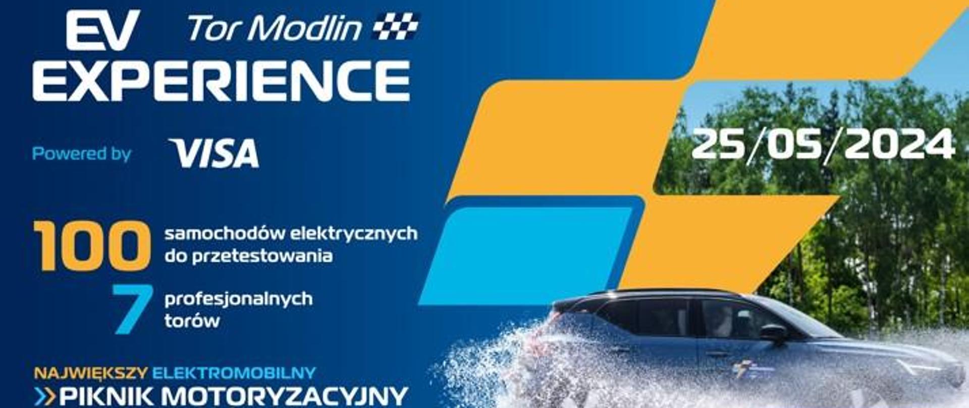 Plakat informacyjno-promocyjny oraz informacja o wydarzeniu EV Experience, które odbędzie 24-25 maja 2024 w Modlinie.