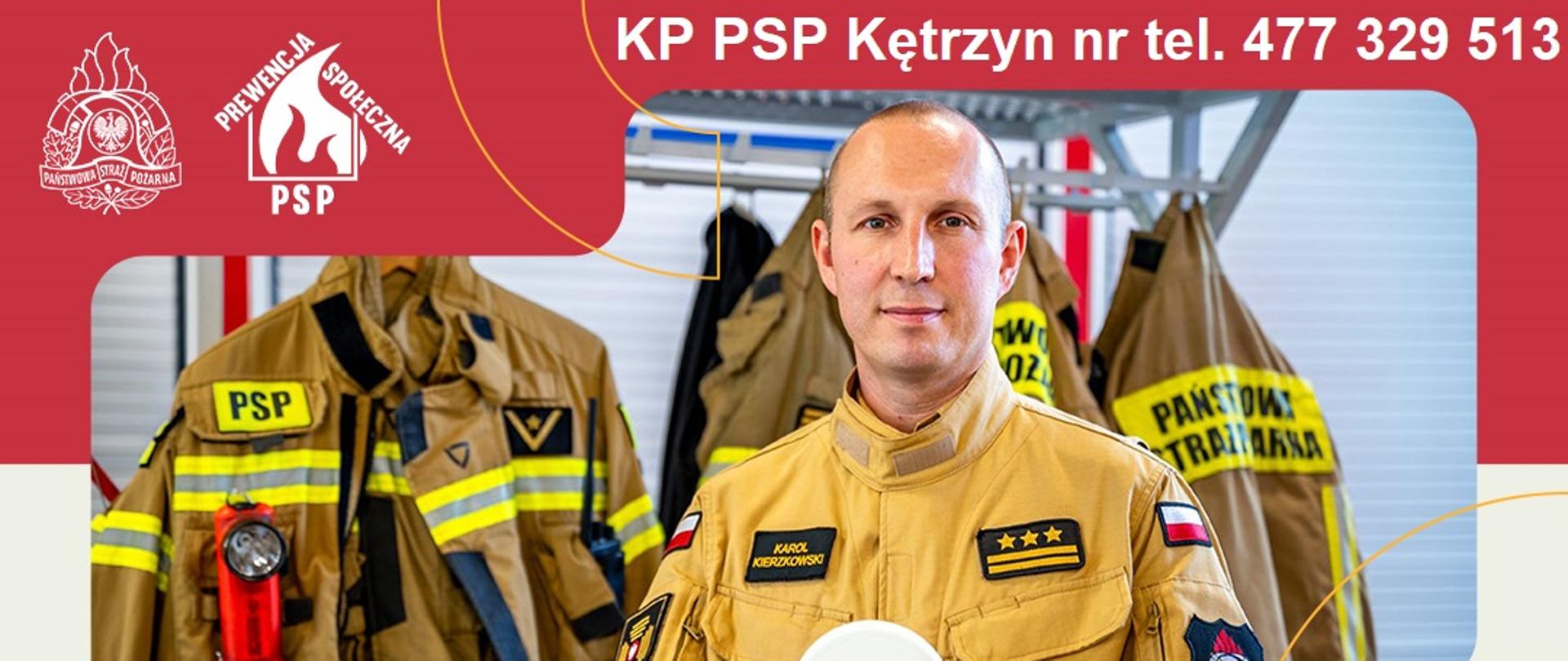 Na grafice widać strażaka w żółtym ubraniu służbowym, który trzyma czujkę.