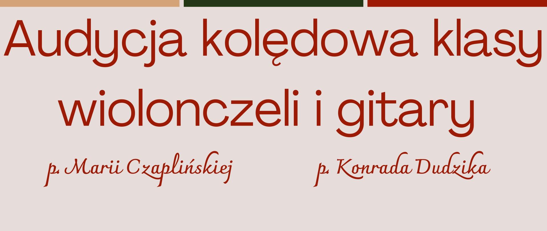 Różowe tło, rysunki wiolonczeli i gitary, na dole i na górze kwadraty z symbolami świątecznymi, czerwone napisy