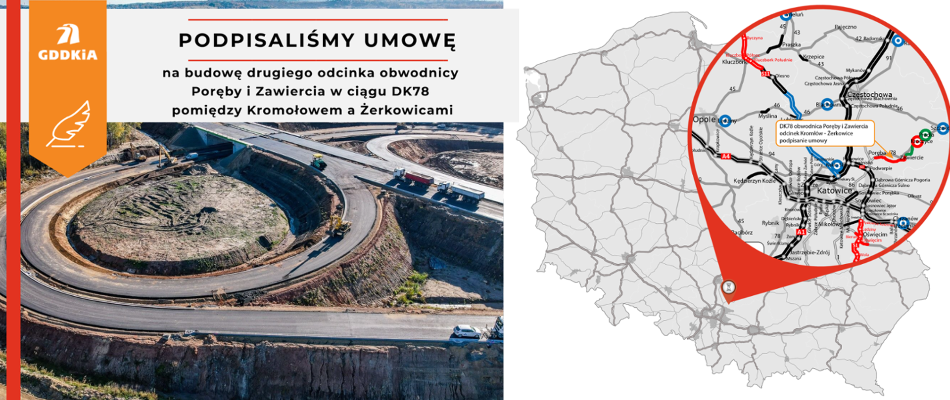 Infografika - podpisanie umowy na budowę II odcinka obw. Poręby i Zawiercia w ciągu DK78