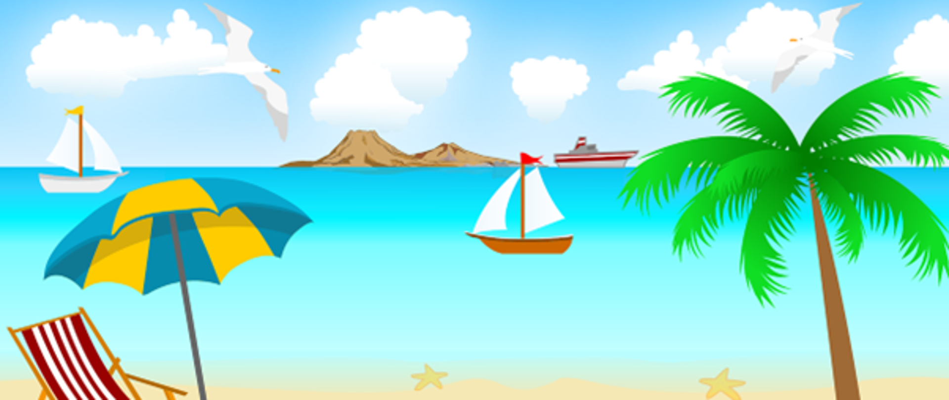 tekst alternatywny: obrazek przedstawiający po lewej stronie leżak i parasol plażowy a po prawej stronie palmę, na środku obrazka widać morze a na niej statki, w oddali widać góry