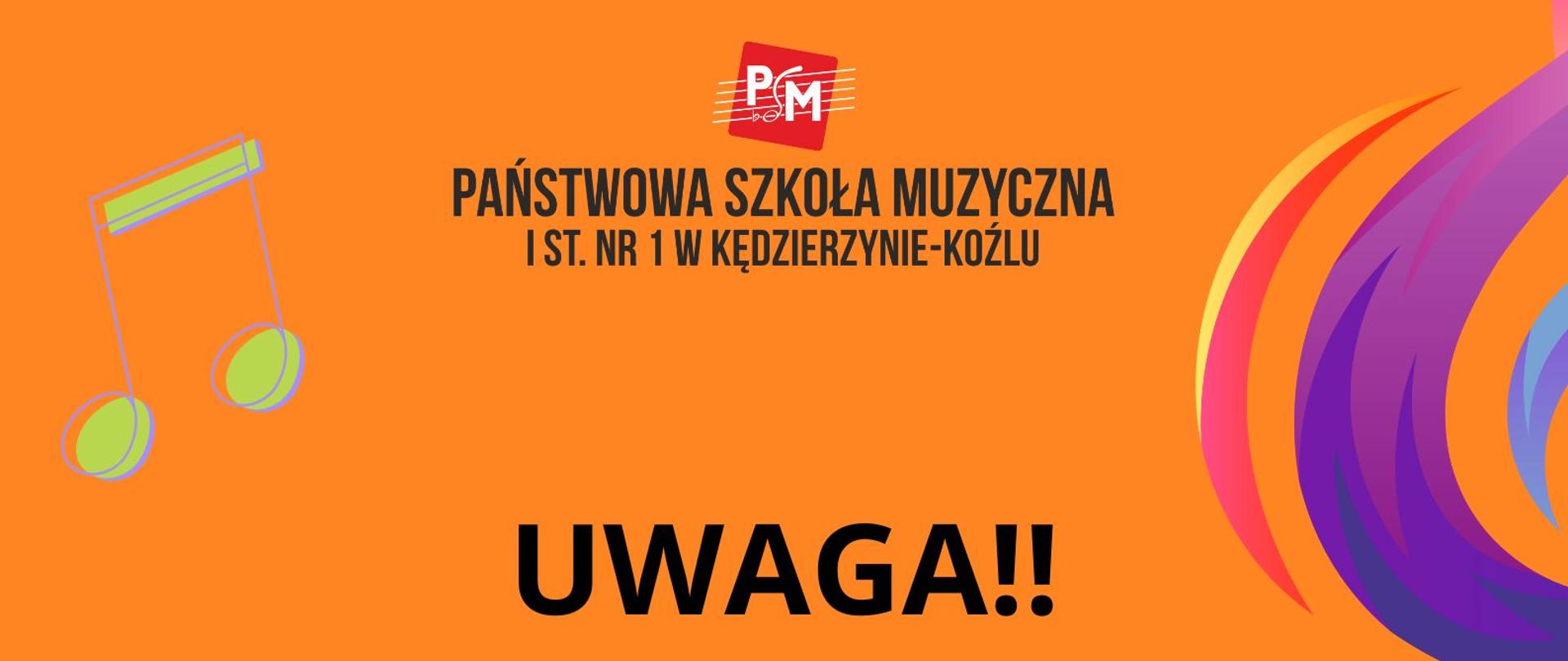 Plakat informuje, że 31 października (czwartek) jest dniem wolnym od zajęć dydaktycznych w Państwowej Szkole Muzycznej I stopnia nr 1 w Kędzierzynie-Koźlu. Całość utrzymana jest w jasnej, pomarańczowej kolorystyce z motywami muzycznymi.