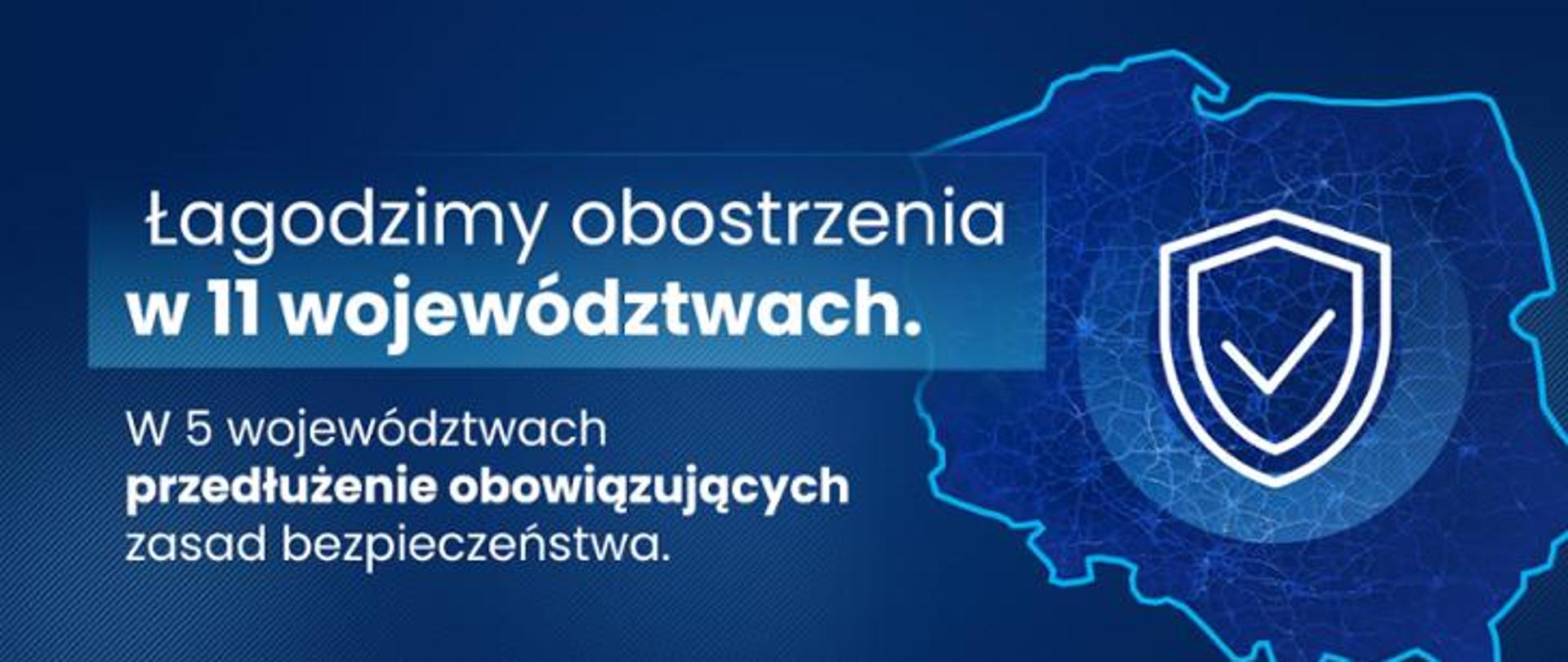 Niebieska grafika, przedstawiająca z prawej strony mapę Polski. Z lewej napis: Łagodzimy obostrzenia w 11 województwach. W 5 województwach przedłużenie obowiązujących zasad bezpieczeństwa. 