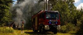 Samochody pożarnicze stoją na drodze leśnej podczas ćwiczeń z gaszenia pożaru lasu.