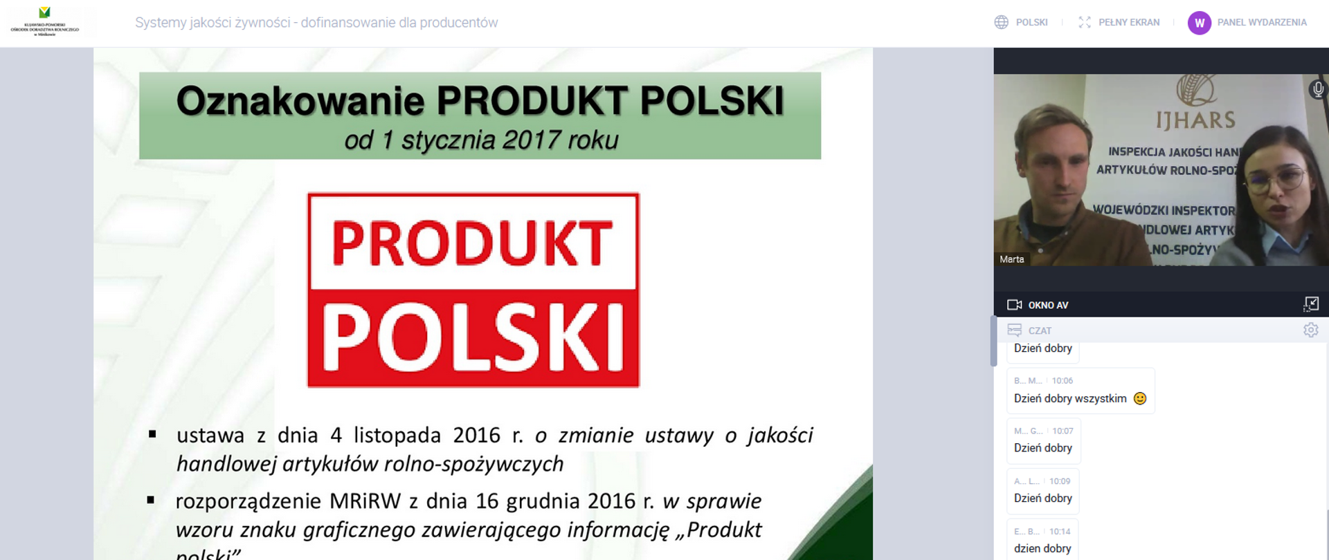 Zdjęcie przedstawia "slajd" z prezentacji (fragment dotyczący Oznakowania "Produkt Polski" wraz ze zdjęciem prowadzących wykłady