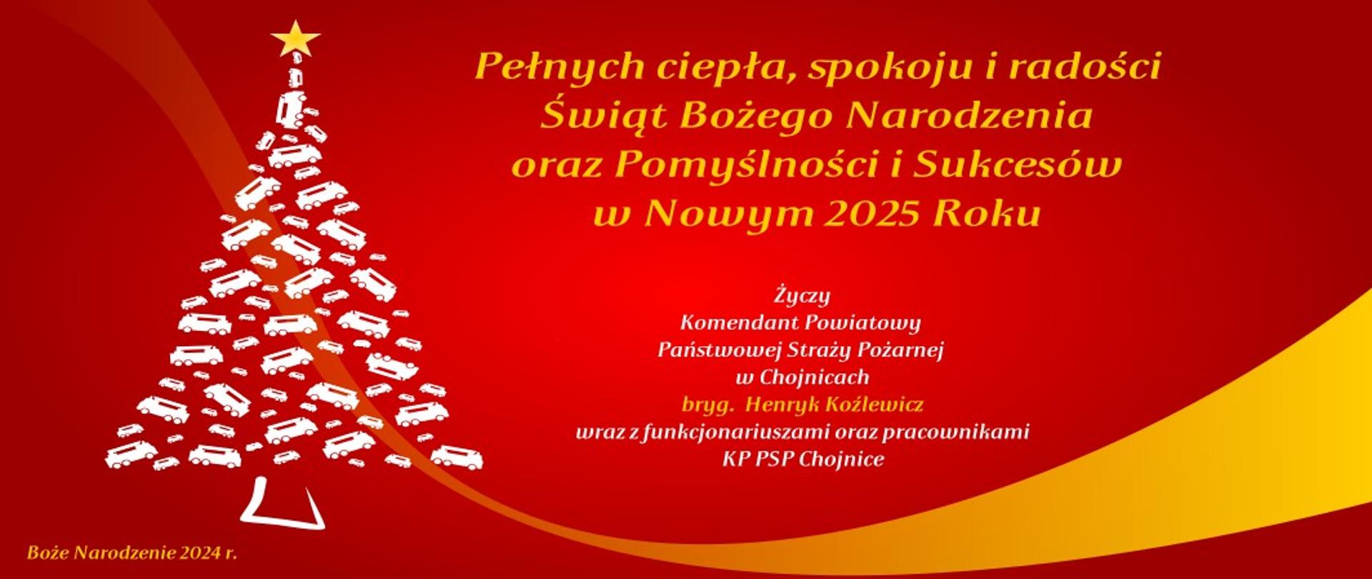 Życzenia świąteczne. Choinka z samochodów strażackich. W centralnej części życzenia komendanta.