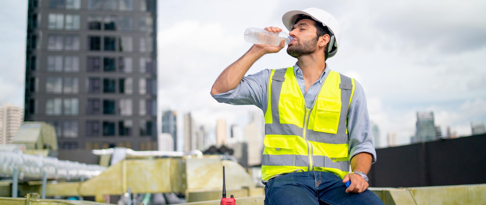 Professional engineer or technician worker man drink water from bottle and sit in area of terrace of construction site.