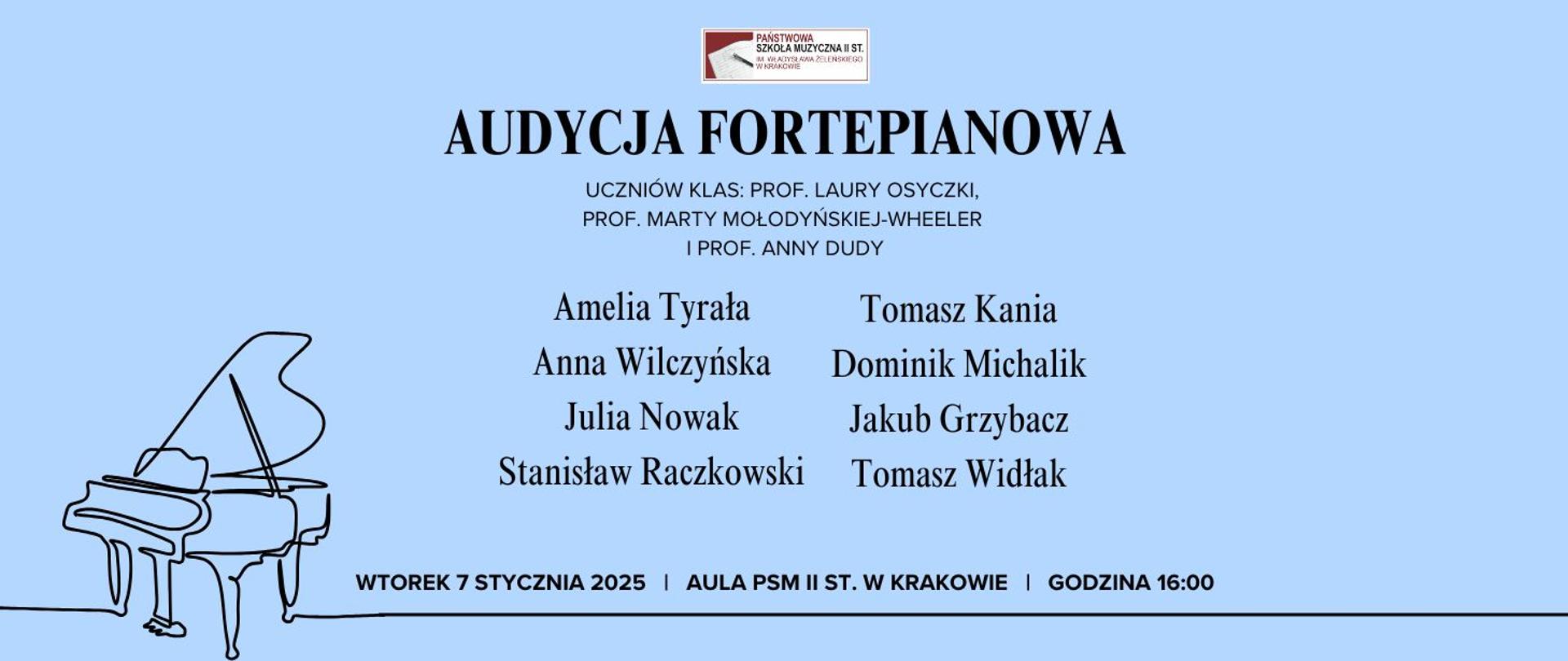 Audycja fortepianowa 07.01.2025 godz.16.00 plakat niebieski grafika fortepian