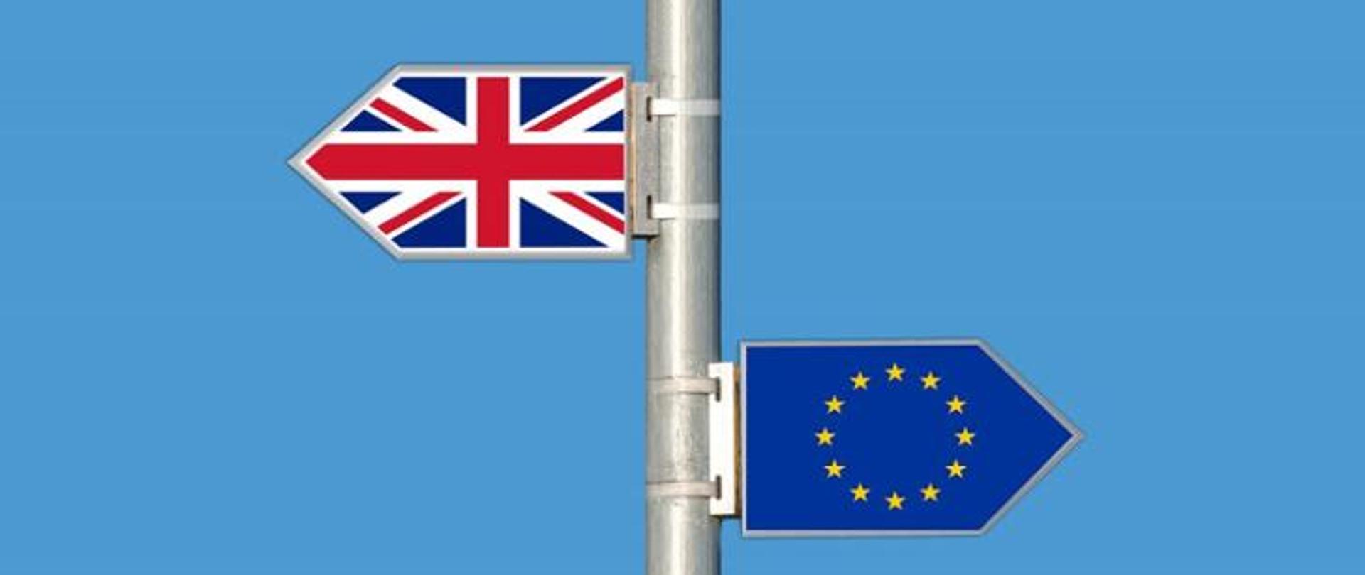 Na zdjęciu znajdują się dwie flagi na maszcie. Na górnej części faga Wielkiej Brytanii skierowana w lewą stronę, poniżej flaga Unii Europejskiej skierowana w prawą stronę