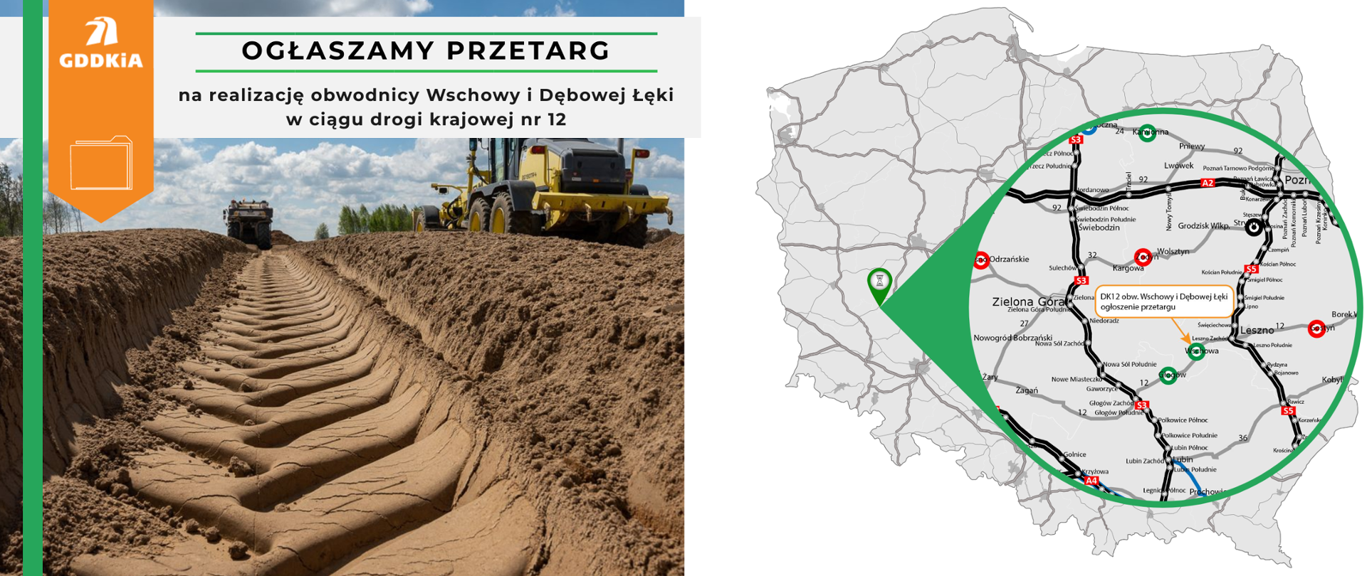 Grafika ze zdjęciem robót budowlanych i mapą z lokalizacją inwestycji