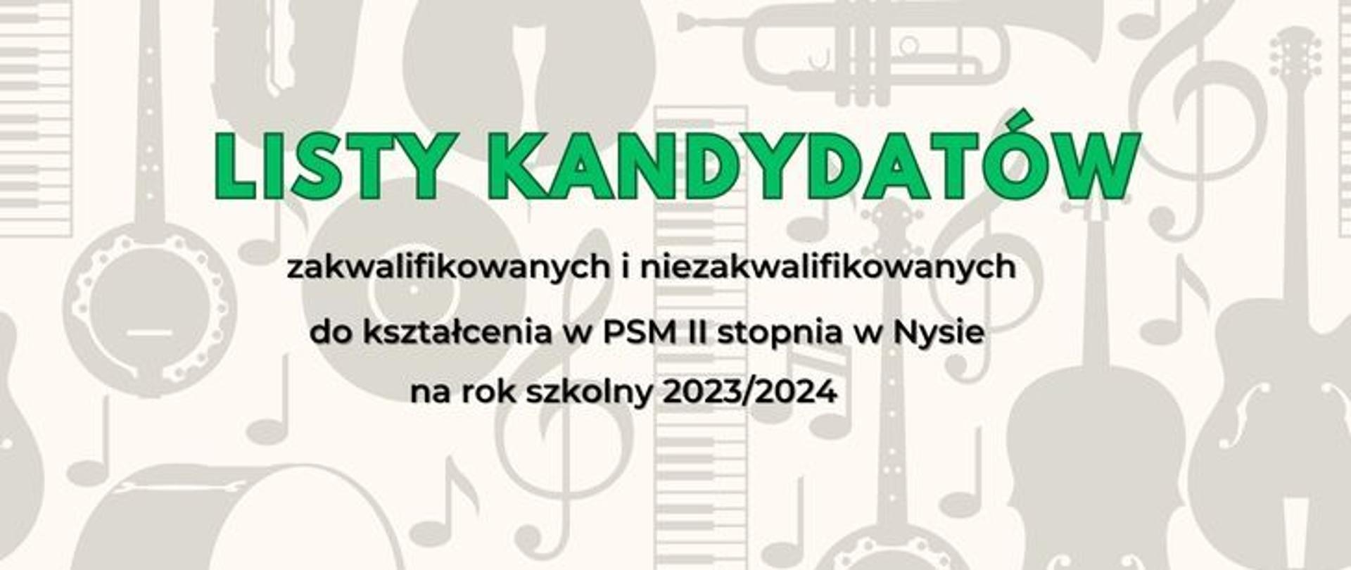 Grafika. Na jasnym tle zawierającym wizerunki instrumentów napisy: LISTY KANDYDATÓW zakwalifikowanych i niezakwalifikowanych do kształcenia w PSM II stopnia w Nysie na rok szkolny 2023/2024.
