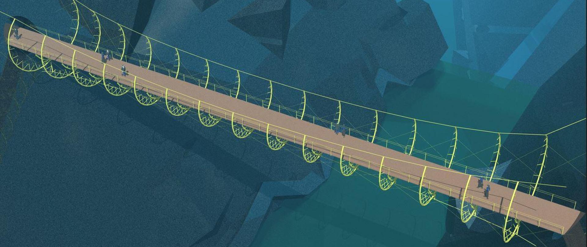 Wizualizacja przestrzenna, komputerowa. Długi, brązowy most z żółtymi linami zawieszony między granatowymi, szarymi, itd. bryłami. Po moście spacerują ludzie. Jest ich mało i są to bardzo małe postacie.