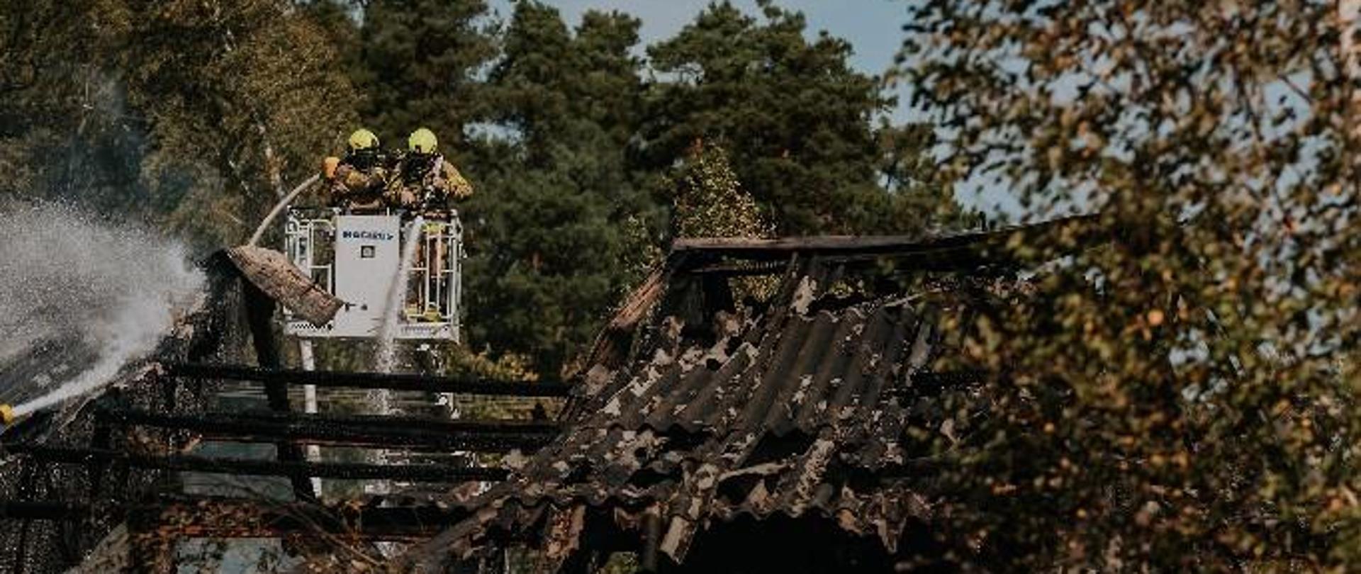 Zdjęcie przedstawia spalony dach opuszczonej obory i dwóch strażaków w koszu drabiny mechanicznej podających wodę.