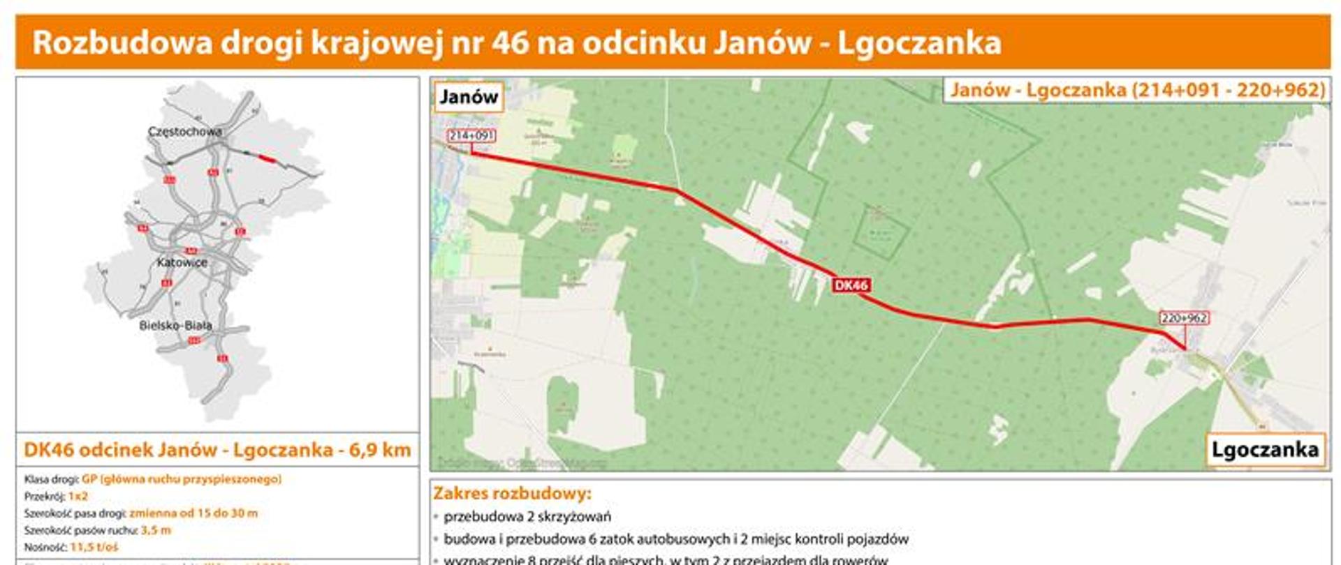 Mapa przedstawiająca planowany przebieg rozbudowy DK46 na odcinku Janów - Lgoczanka