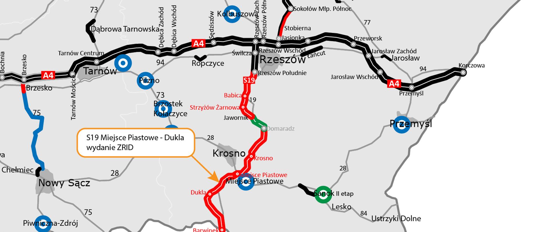 Mapa dot. wydania ZRID dla S19 Miejsce Piastowe - Dukla, zaznaczony odcinek dla którego wydawany jest ZRID