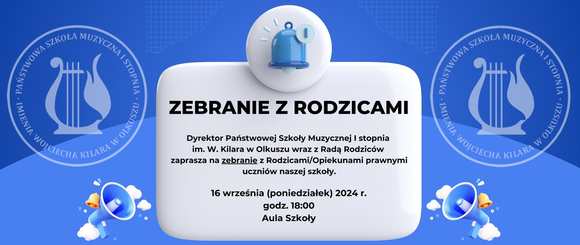 niebieskie tło, w białej ramce na środku informacja o zebraniu, po bokach logo szkoły